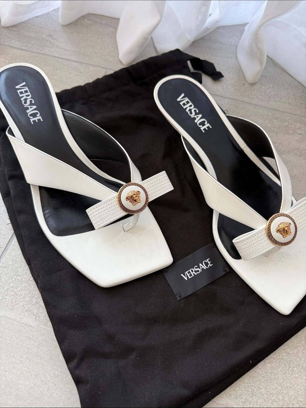 Versace White Leather Medusa Thong Mules with Gold Emblem